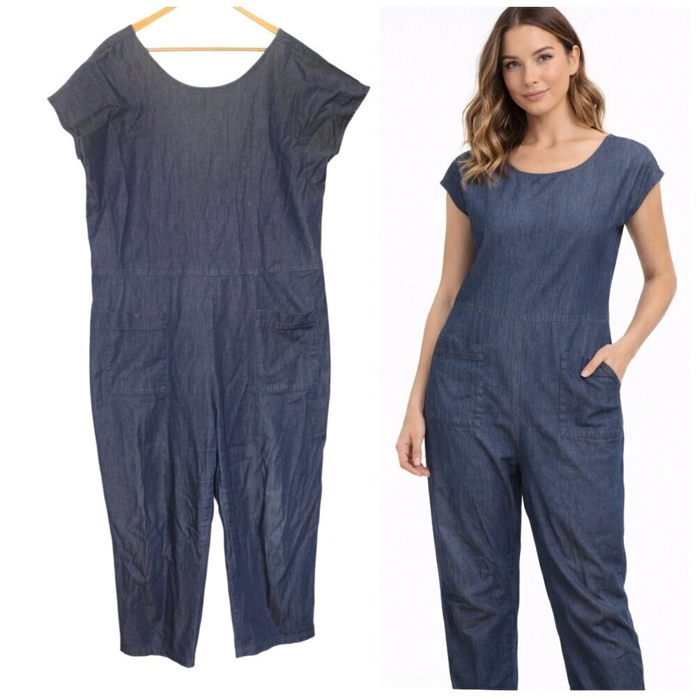 Erica Tanov Women's Blue Jumpsuit Size Large Short Sleeve Pockets Cotton